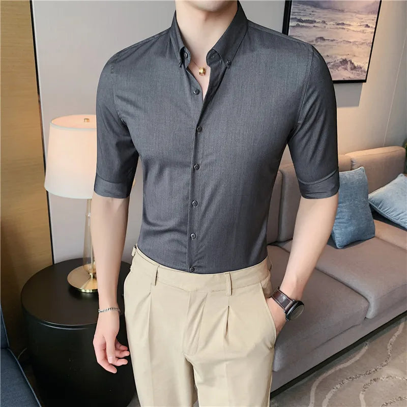 Threebooy British Style Men Social Shirts Short Sleeve Tuxedo Classic Contrast Collar Striped Solid Shirt for Men Business S-5XL