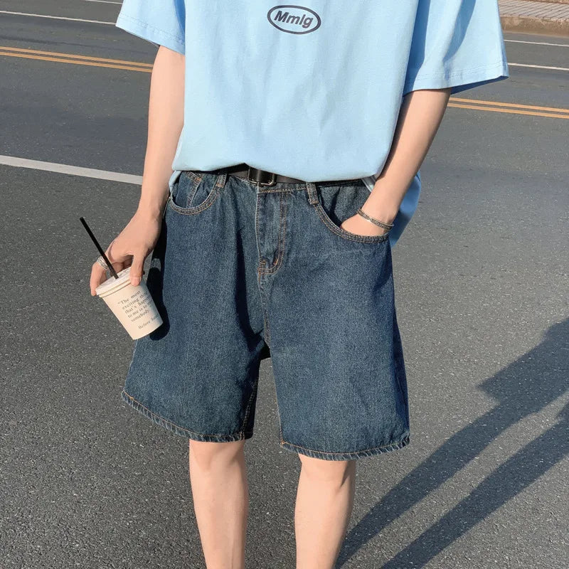 Threebooy  Summer Blue Denim Shorts Men Fashion Casual Straight Denim Shorts Men Streetwear Loose Hip Hop Retro Jeans Shorts M-2XL