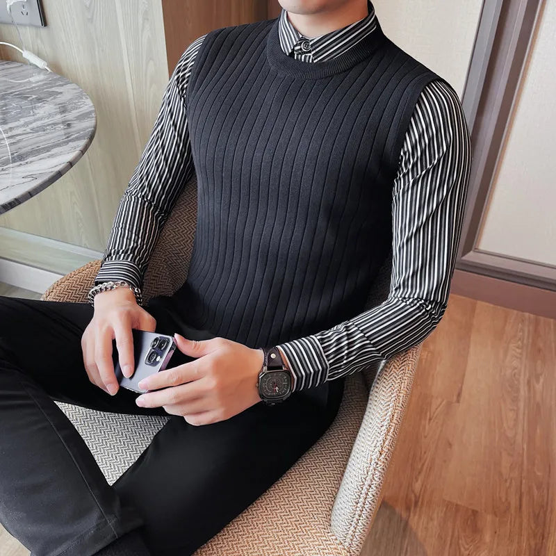 Threebooy New Style Men Spring High Quality Fake 2 Pieces Knitted Sweaters/Male Slim Fit Fashion Shirt Collar Pullover Man Casual Sweater