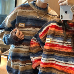 Threebooy 2024 New Vintage Clashing Stripe Sweater Neutral Wind Trend Loose Couple Knitted Pullovers Round Neck Men Jumper
