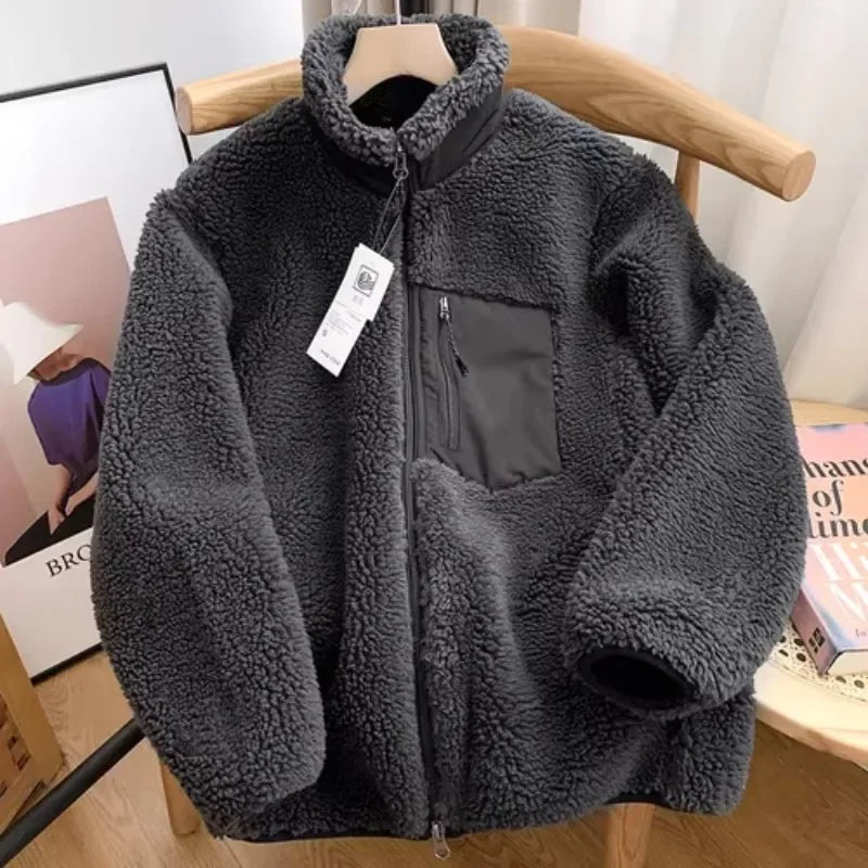 Threebooy Autumn Winter Lambswool Coat Male Loose Windproof Warm Sherpa Stand Collar Polar Fleece Jacket Unisex Simple  Pocket Spliced Top