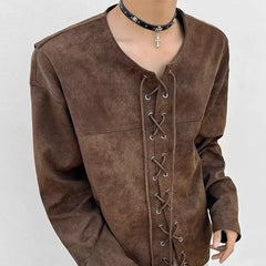 Threebooy Drawstring Double-breasted Shirt Back Fly Design Top American Retro Brown Motorcycle Leather Jacket Women Men's Jacket