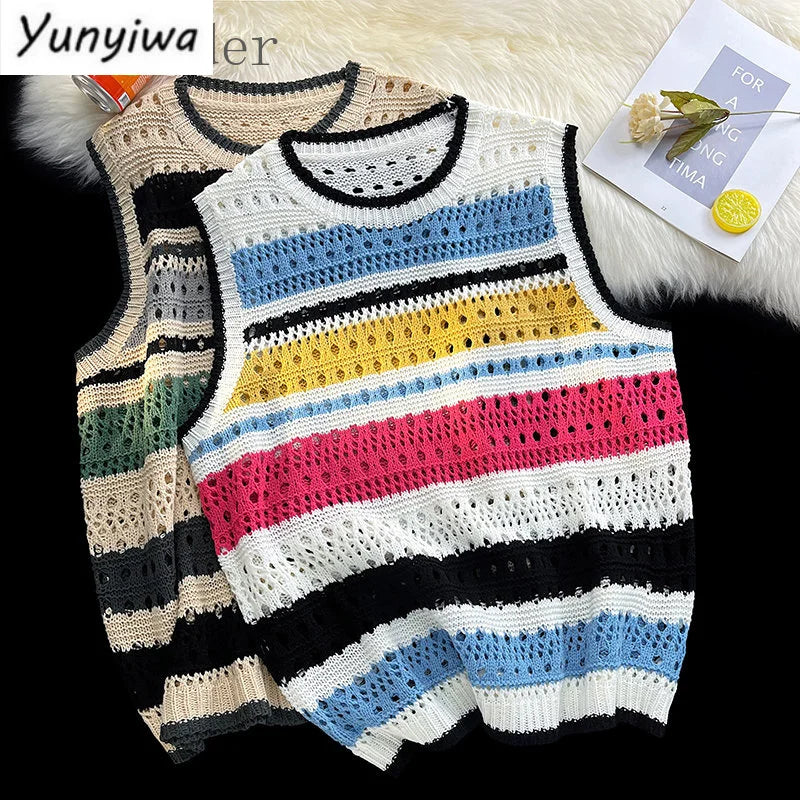 Threebooy Contrast Striped Hollowed Out Knit Tank Top Men's Oversize Summer Japanese Outerwear Layered Bf Couple Knitwear Sleeveless Top