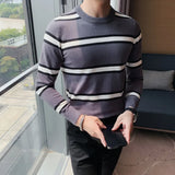 Threebooy Mens Autumn Casual Sweaters Slim Fit Stripe Knitting Sweaters Cotton Long Sleeve Round Collar Male Warm Pullovers Orange