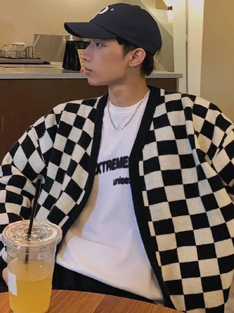 Threebooy Autumn Vintage Checkerboard Cardigan Long-sleeved Button Sweater Men's Preppy Casual Knitwear Jacket Unisex Streetwear