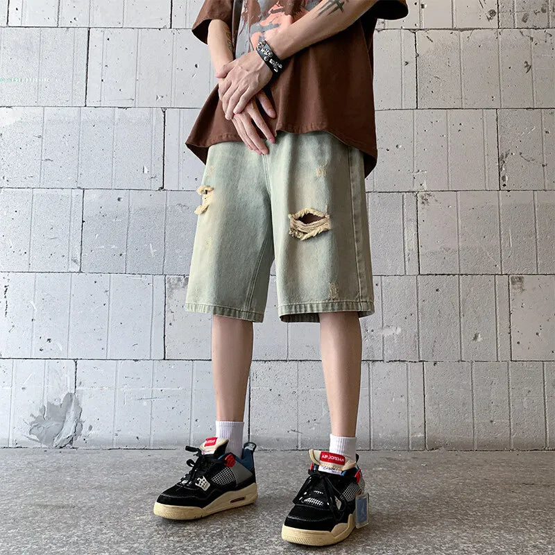 Threebooy  Distressed Denim Shorts men Vintage Wash Ripped Design Casual Summer Streetwear Destroyed Jeans Fashion man shorts
