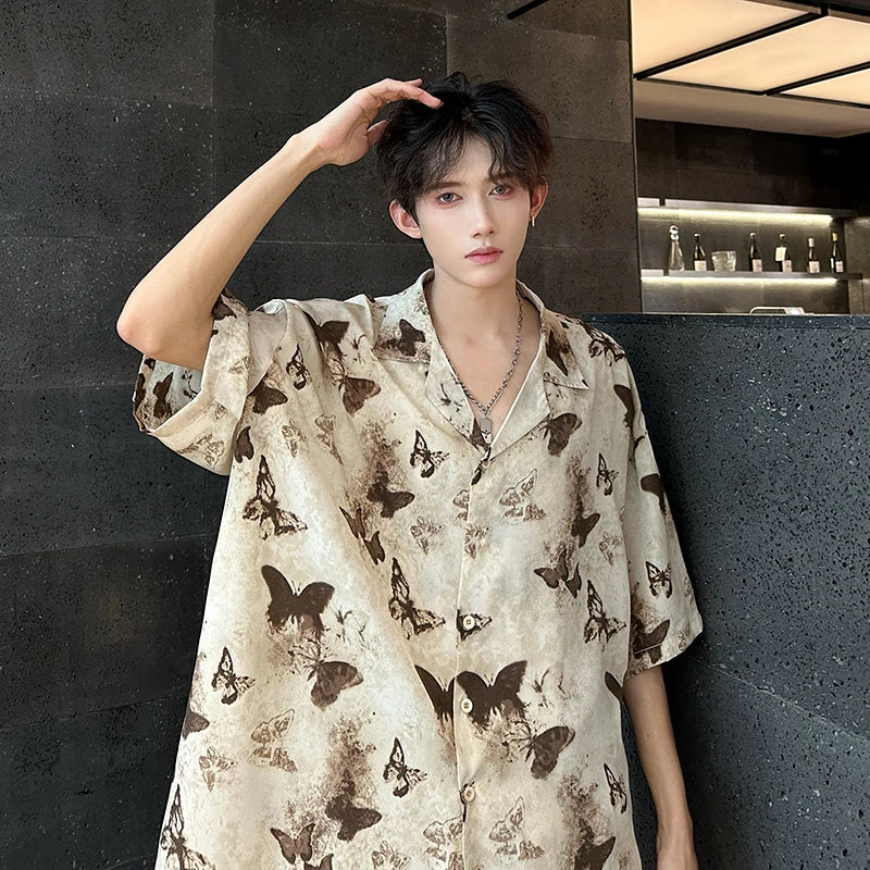 Threebooy Summer Butterfly Printed Tie-dye Shirt Men Windsor Collar Loose Casual Short Sleeve Shirts Oversize Streetwear Boy Girl Blouses