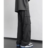 Threebooy Men's Loose Straight Cargo Pant Black Gray Drawstring Joggers