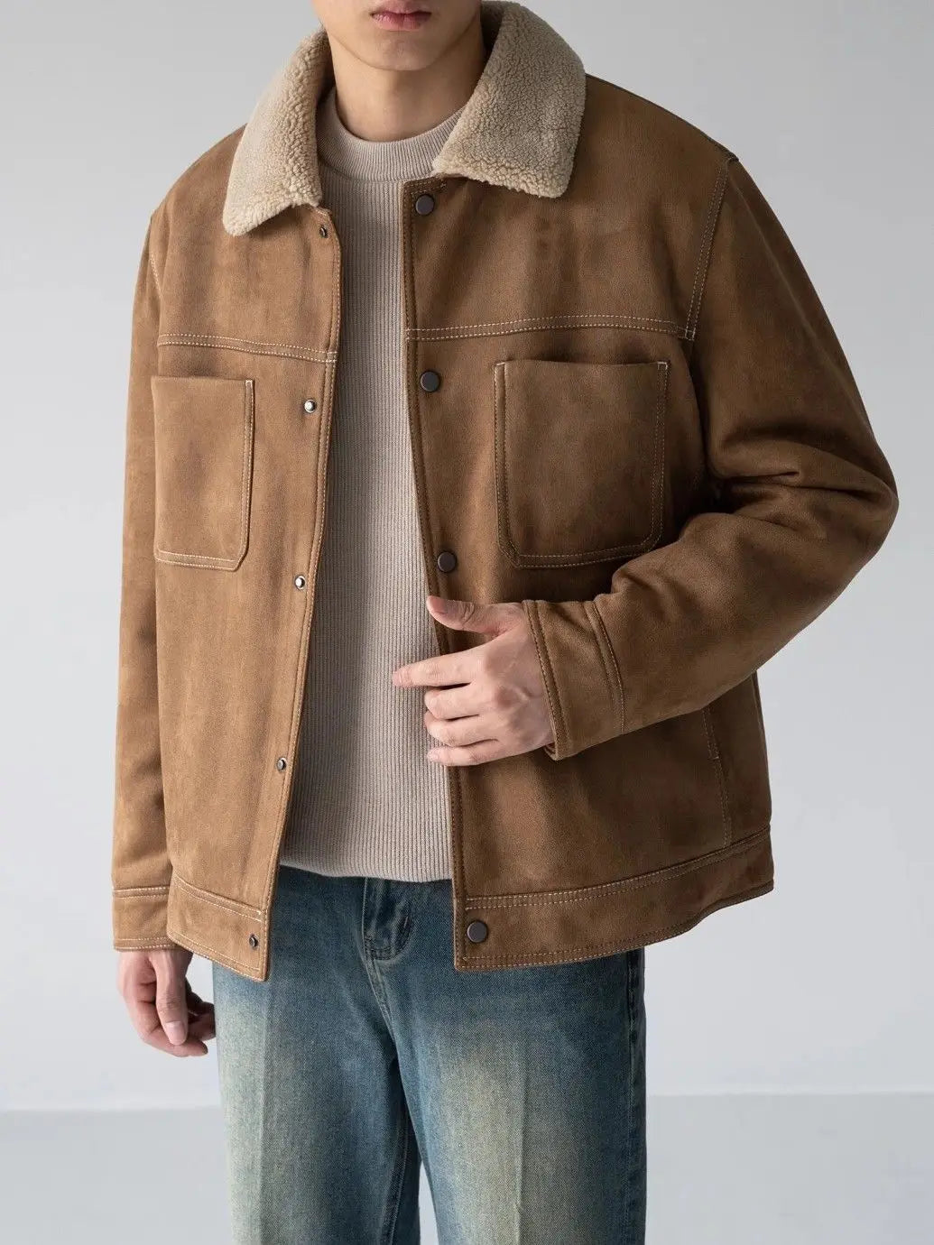Threebooy Japan Style Cityboy Parkas Lamb Velvet Fur One-piece Jacket Men's Winter Suede Jacket Warm Thickened Workwear Outer Lapel Top