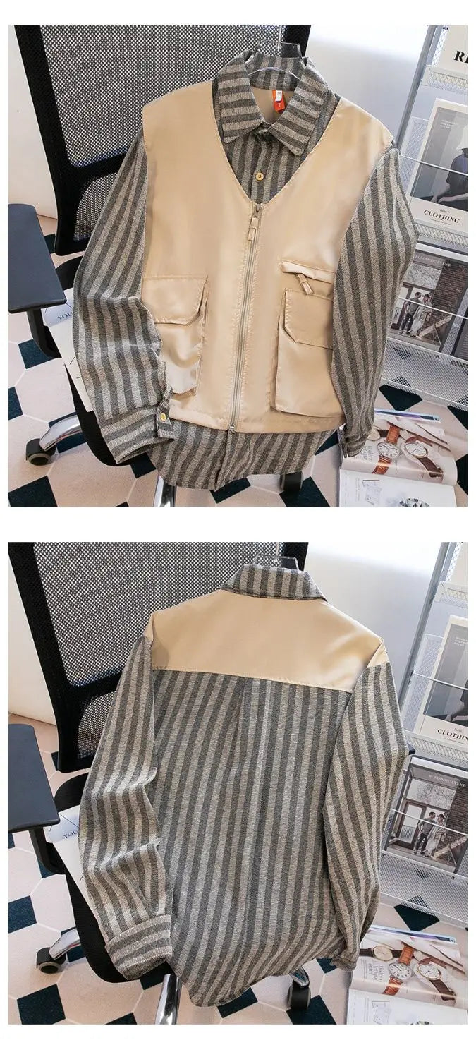 Threebooy Japanese Spring/Autumn Retro Stripe Fake Two Piece Splicing workwear Shirt for Men and Women Loose Couple Retro Casual Top y2k