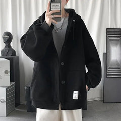 Threebooy  Men's Fall Open-Front Hooded Sweatshirt Streetwear Loose Plain Top HK Vibe Harajuku Chic All-Match Outerwear