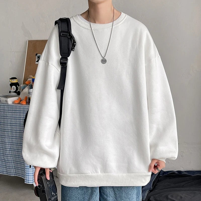 Threebooy Harajuku Sweatshirts Men Korean Solid Color Basic O Neck Oversized Pullovers Spring Autumn Simple Fashion Casual Tops 5XL-M