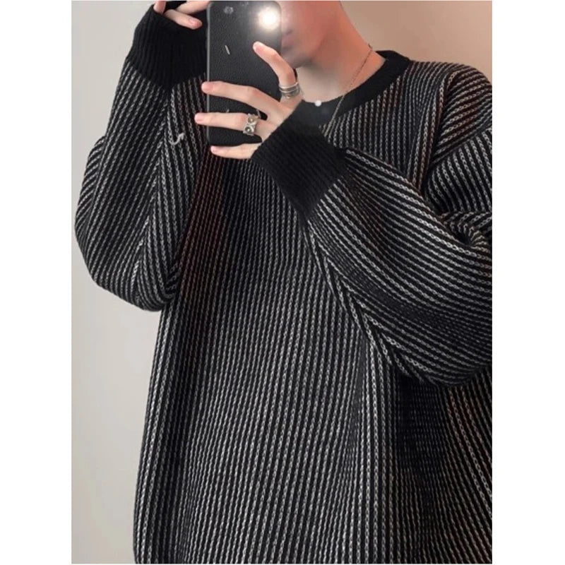 Threebooy  New Japanese Trendy Men Sweater High Street Patchwork Knitted O Neck Long Sleeve Pullover Casual Loose Premium Quality Knitwear