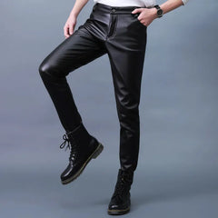 Threebooy Men Leather Pants Slim PU Leather Trousers Fashion Elastic Motorcycle Leather Pants Waterproof Oil-Proof Male Bottoms Oversized