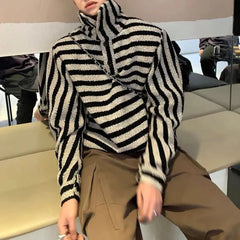 Threebooy Autumn And Winter Striped Color-Blocked Sweater Lazy Style Short Lapel Sweatshirt Unisex Loose Casual Long-Sleeved Top