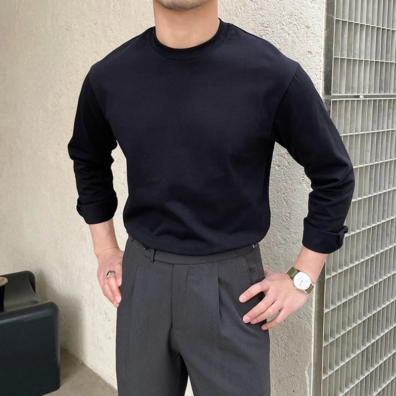 Threebooy  New Autumn Fashion Men T-shirt Light Luxury Solid Color Long Sleeve Tops Leisure Streetwear Casual O Neck Basic Shirts M-3XL