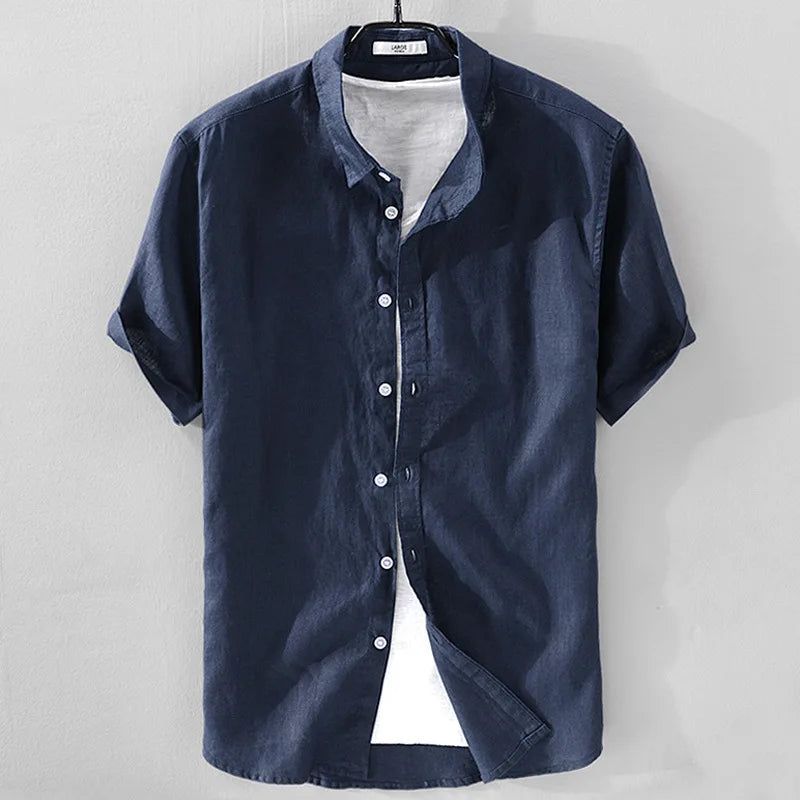 Threebooy Summer Men's Breathable Cotton Linen Shirt Short Sleeve Casual Turn Down Collar Loose Top Male Shirts