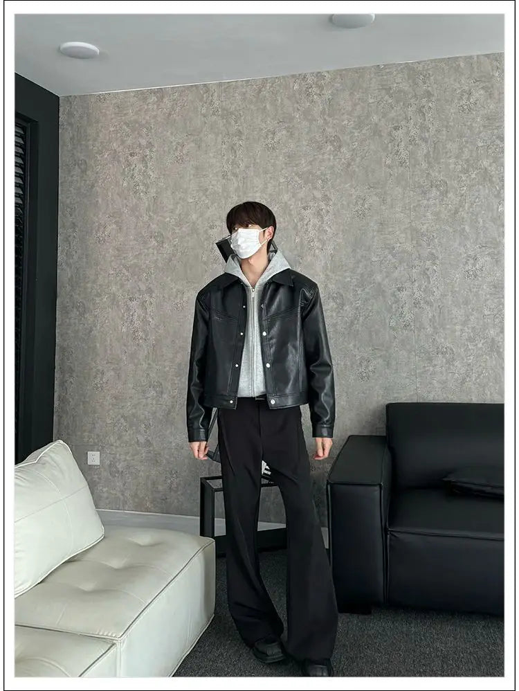 Threebooy American Street High-end Coat Trendy Leather Jacket Korean Elegant 2025 Spring Men's New PU Lapel Slim Loose Jacket Aesthetic