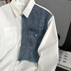 Threebooy Japanese High-end Denim Jacket Spliced Long-sleeved Shirt Men's Niche Design Sense High Street Couple Loose Casual White Shirt