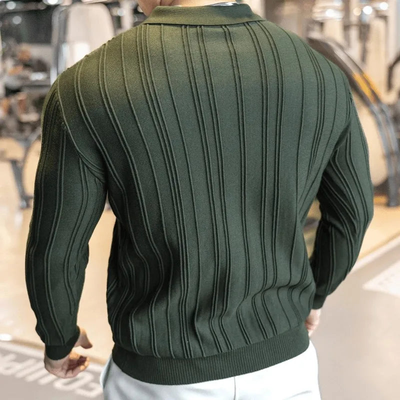 Threebooy  New American Chic Men Polo Sweater Light Luxury Trendy Fitness Knit Solid Color Pullover Leisure Slim-fit Long Sleeve Knitwear