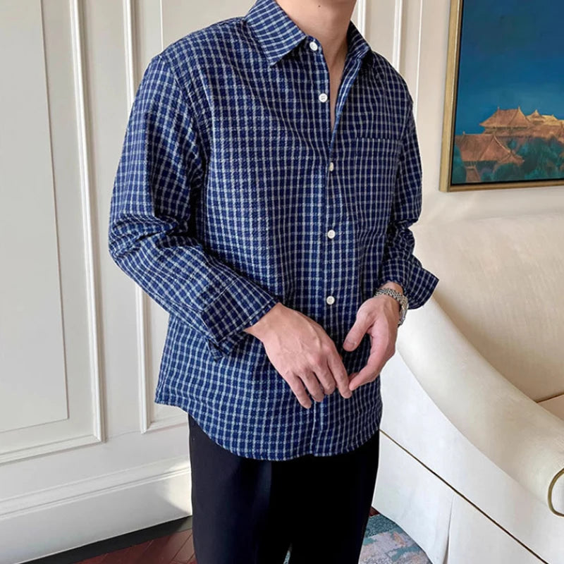 Threebooy  New American Retro Men Shirts Light Luxury Textured Lapel Plaid Long Sleeve Cardigan Leisure Trendy Premium Check Blouse M-2XL
