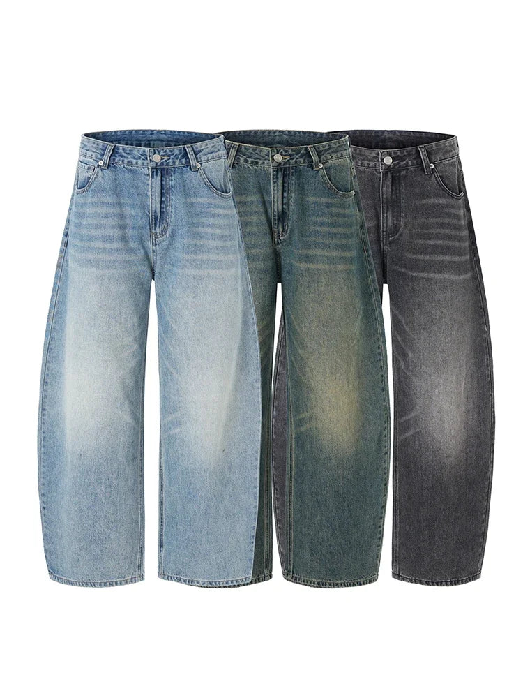 Threebooy American Classic Jeans Men's Autumn Wash Cotton Casual Loose Wide-leg Denim Pants Vintage High Street Y2K Trousers