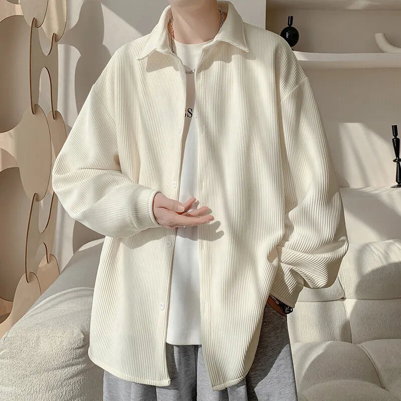 Threebooy White Long Sleeved Shirt Men Fashion Black Casual Shirt Men Streetwear Korean Loose Pleated Shirt Mens Ice Silk Shirts M-3XL