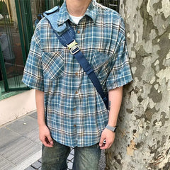 Threebooy Summer Men's Elegant Turn Collar Plaid Shirt Casual Street Wear Lapel Shirts For Men Vintage Vacation Blouse