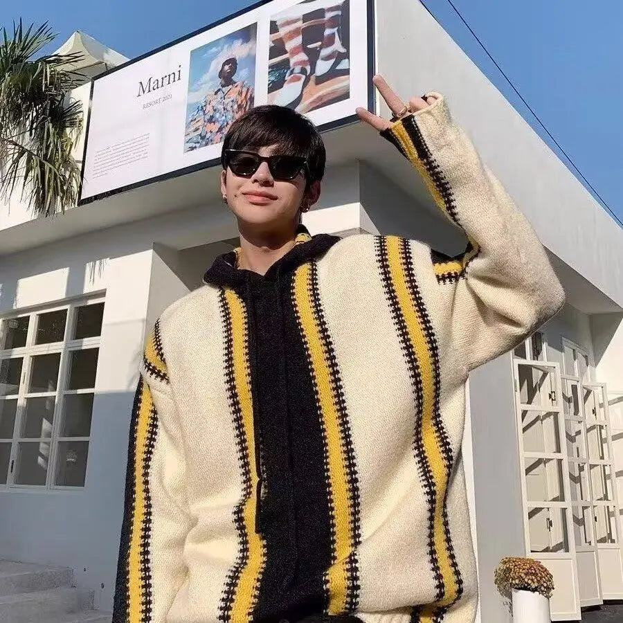 Threebooy Korean street style men and women trendy color blocked striped hooded sweater for couples autumn and winter loose retro casual