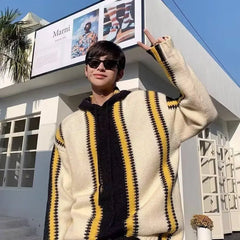 Threebooy Korean street style men and women trendy color blocked striped hooded sweater for couples autumn and winter loose retro casual