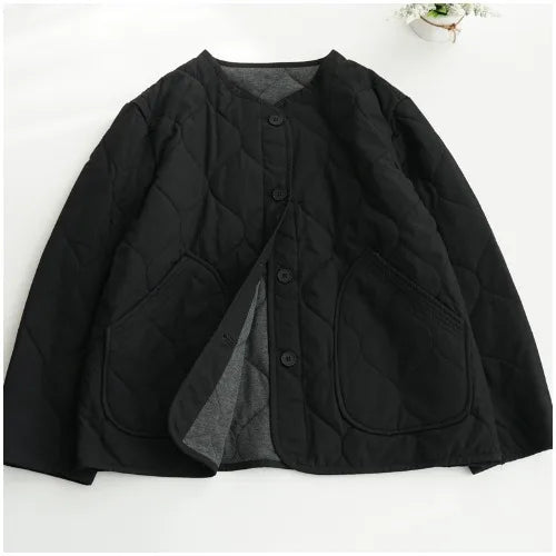Threebooy Lightweight Long Sleeved Padded Jacket for Men Women Loose Casual Japanese Retro Single Breasted Clip on Cotton Short Parkas