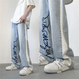 Threebooy Embroidered Letter Jeans Casual All-match Washed Blue Trendy Streetwear Straight Wide Leg Trousers Four Seasons Stitching Pants