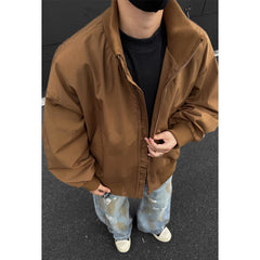 Threebooy  Jacket Mens Casual Jacket Solid Stand Collar Loose Fit Zipper Autumn Coat Ribbed Cuffs Relaxed Outerwear