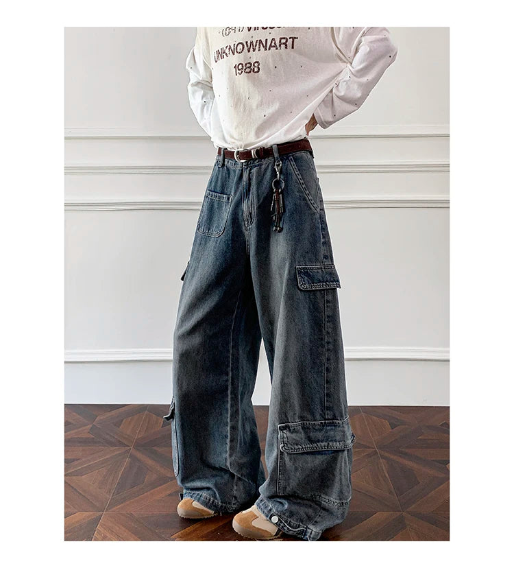 Threebooy Men Workwear Cargo Jeans New Multi Pocket Loose Straight Leg Baggy Streetwear Denim Pants Urban Casual Trousers 2025 Autumn