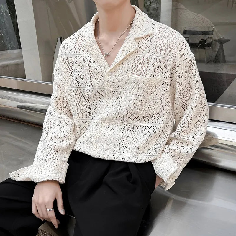 Threebooy New Chic Men Hollow Out Cardigan Tops Light Luxury Korean Style Long Sleeve Shirts Casual Retro Solid Color Button-down Blouse