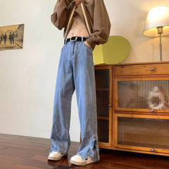 Threebooy High Street Original American Trendy Wide Leg Jeans Men Autumn Winter New Korean Button Pocket Zipper Loose Straight Pants