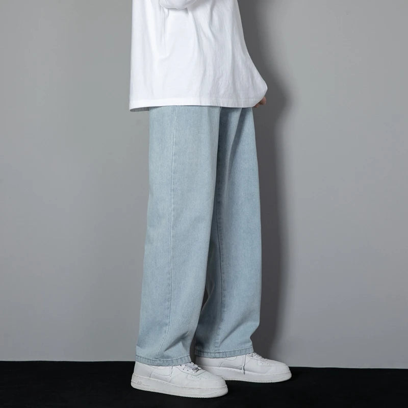 Threebooy 2025 New Korean Men's Casual Long Jeans Classic Man Straight Denim Wide-leg Pants Solid Color Light Blue Grey Black