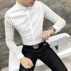 Threebooy Male Spring Hollow Out Shirt with Long Sleeves/Men's Slim Fit Lapel Business Shirt Brand Clothing Leisure Tops S-3XL