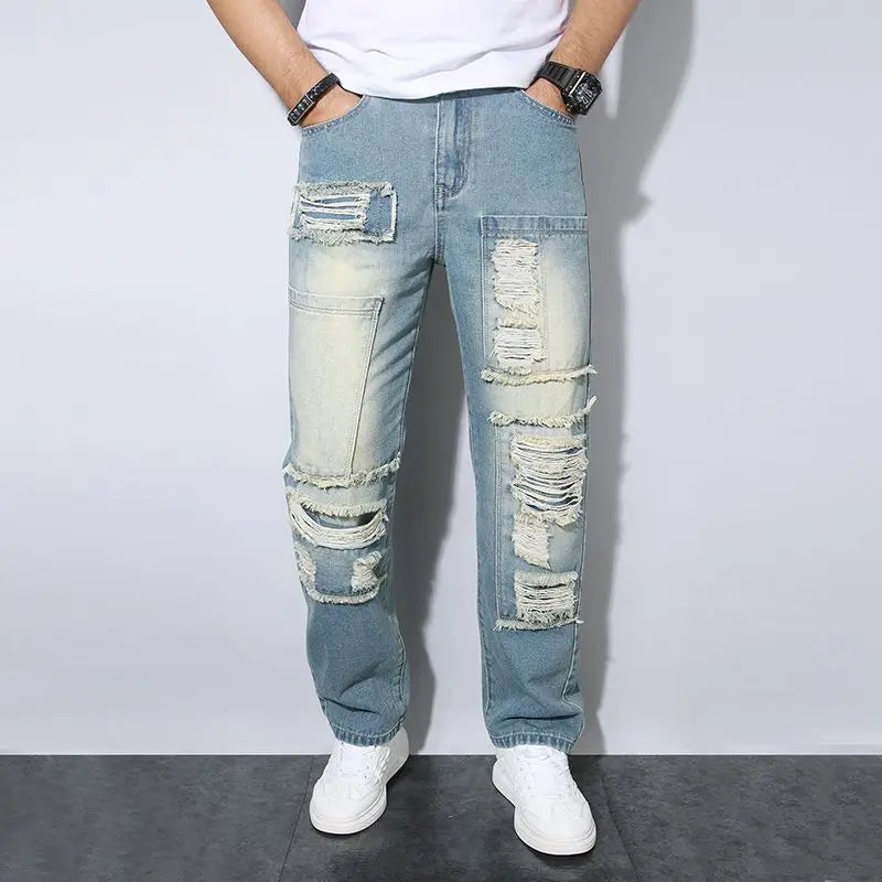 Threebooy Light Blue Slim Fit Men's Ripped Loose Jeans Elastic Hole Design Versatile Male High Street Beggar Denim Pants Retro Washed