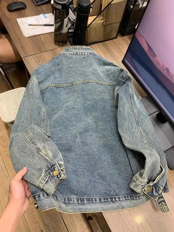 Threebooy  Vintage American Denim Jacket Men Women Autumn Winter New Loose Korean Style Trendy Fashion Tops High-end Niche Jacket Urban