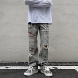 Threebooy Ripped Jeans Men's Hip-hop Street Old Loose Stitching Straight Beggar Pants Retro Casual Trend Spring And Summer Denim Trousers