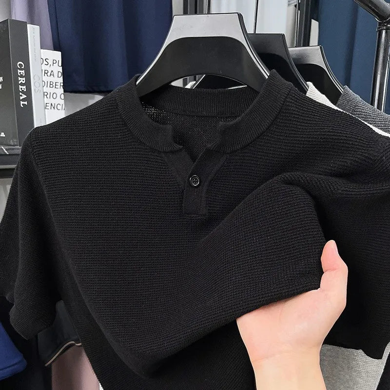 Threebooy  New Men Luxury Chinese O Collar T-Shirt Leisure Slim Button-down Solid Color Short Sleeve Tops Summer Breathable Basic Knitwear