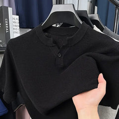 Threebooy  New Men Luxury Chinese O Collar T-Shirt Leisure Slim Button-down Solid Color Short Sleeve Tops Summer Breathable Basic Knitwear