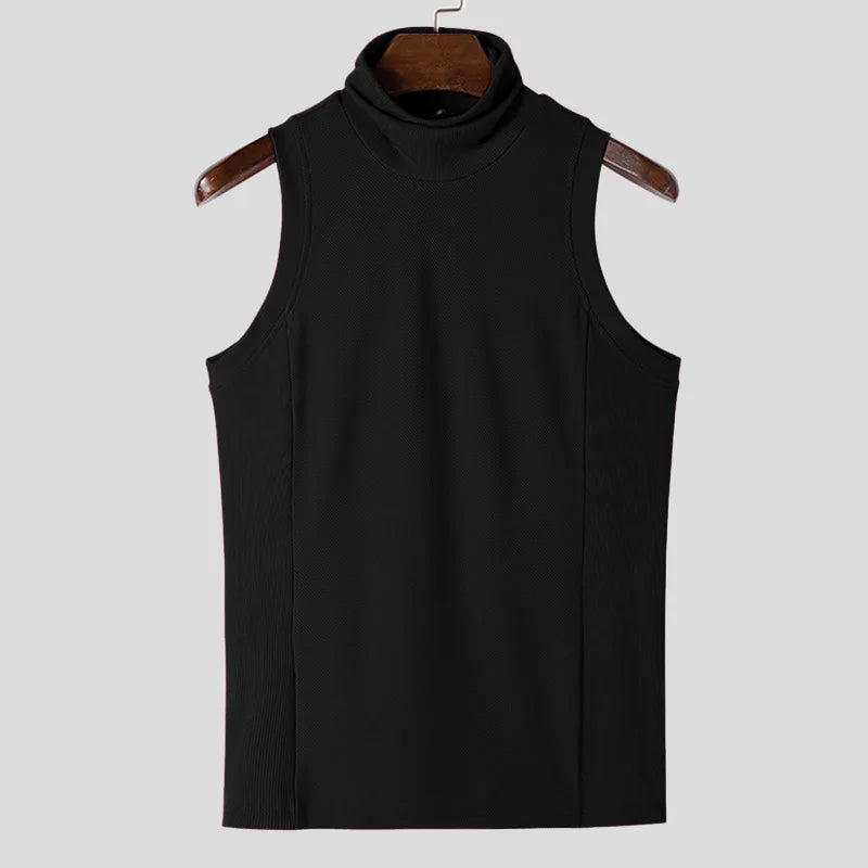 Threebooy  Men's Clothing Sexy Skinny Solid Color Tank Tops High Colalr Sleeveless Gym Streetwear Leisure Vests Party Basic Shirt S-3XL