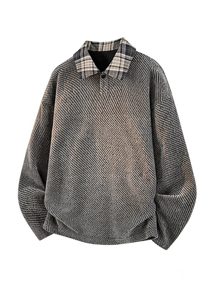 Threebooy  Autumn American Retro Textured Sweatshirts For Man High Street Fashion Long Sleeve Polo T-shirts Casual Y2K Pullover Hoodie