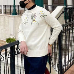 Threebooy Mens Floral Embroidered Knitted Sweater 2024 New Genderless Fashion Youth Trend Versatile Simple Retro Knitted Sweater Unisex