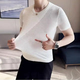 Threebooy  Korean Style Men's Summer Casual Short Sleeve Knitted T-shirt/Male Ice Silk Hollow Out Round Neck T-shirt S-3XL
