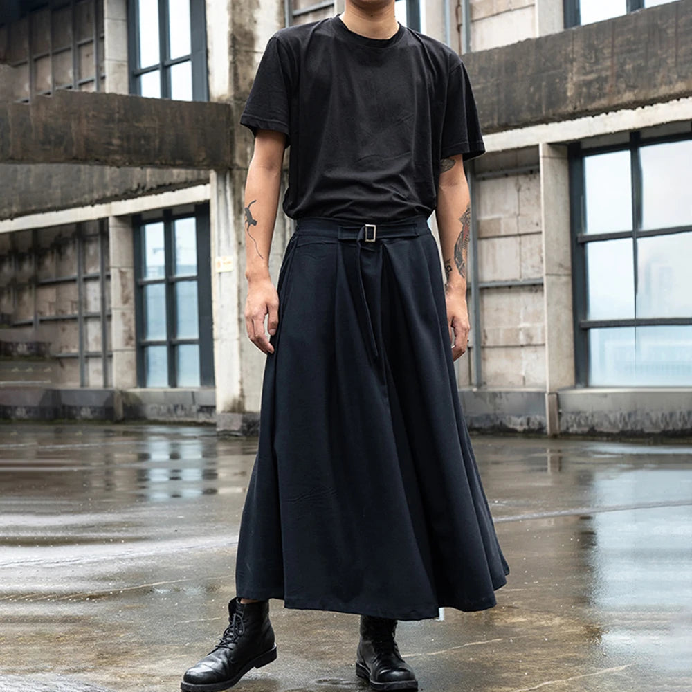 Threebooy Japanese Streetwear Baggy Fashion Casual Wide Leg Pants Men Punk Hip Hop Skirt Pants Black Harem Trousers Men's Culottes Unisex