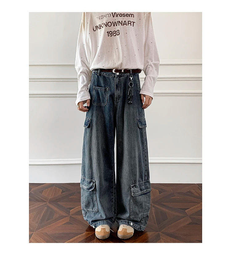 Threebooy Men Workwear Cargo Jeans New Multi Pocket Loose Straight Leg Baggy Streetwear Denim Pants Urban Casual Trousers 2025 Autumn