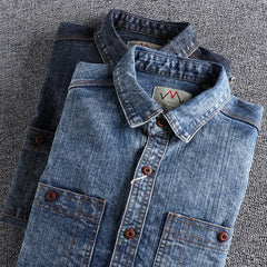 Threebooy  Retro Male Cargo Snowflake Washed Distressed Denim Shirt Chunky Rough Cotton Uniform Light Casual Work Safari Mens Shirts Top